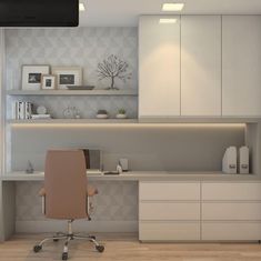 an office area with desk, chair and shelves on the wall in front of it