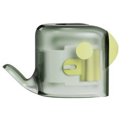 a glass teapot with a yellow handle