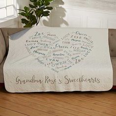 a white blanket with the words grandma rose's sweethearts written on it