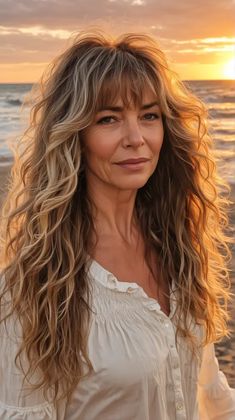 Long Hair Styles Over 40 For Women, Boho Shag Haircut Long Hair, Long Curly With Bangs, Womens Long Hair, Long Curly Hair For Older Women, Long Shag Haircut With Bangs Older Women, Long Hair Over 40, Long Layered Haircuts For Thick Hair Wavy Over 50, Long Layered Hair With Bangs Over 40