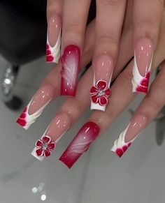 Red And White French Nails, Red And White Nails Acrylic, Floral Design Nails, White And Red Nails, Nails Red And White, Square Nails Long, Aesthetics Nails, Feminine Nails, Nail Aesthetics