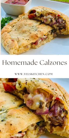 homemade calzones with meat, cheese and vegetables in the middle on a white plate