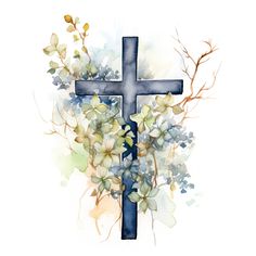 a watercolor painting of a cross and flowers