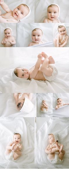 a baby laying on top of a white sheet in the middle of six pictures, all with their hands up