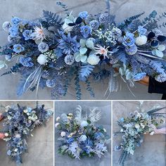 blue flowers and greenery are arranged on the ground to look like they have fallen apart