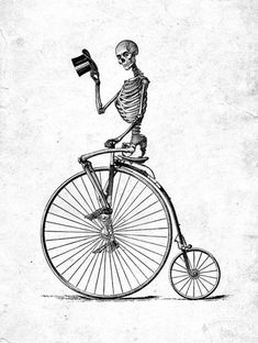 a skeleton riding on the back of a bicycle with a flag in it's hand