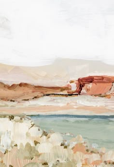 an abstract painting of desert landscape with water and rocks