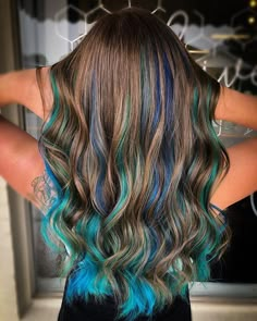 Brunette Hair With Fun Colors, Color Fade Hair Brunette, Cute Hair Colors For Brown Hair, Blue In Hair Ideas, Pops Of Color Hair Brunette, Light Brown Hair With Teal Highlights, Light Brown Hair With Vivid Color, Blue Highlights Straight Hair, Blue Hair Highlights For Brown Hair