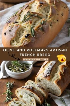 olive and rosemary artisan french bread on a cutting board