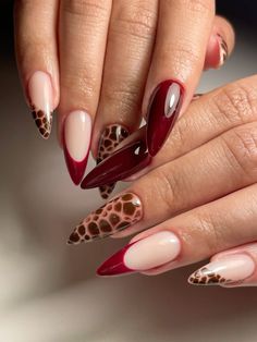 Gel, stiletto, leopard print, french tips, red Nails Ideas For November, November Red Nails, Cat Eye Nails Almond Shape, November Stiletto Nails, Funky Autumn Nails, November Nails Ideas Almond, Funky Fall Nails, Autumnal Nails, Leopard Print Nail Art