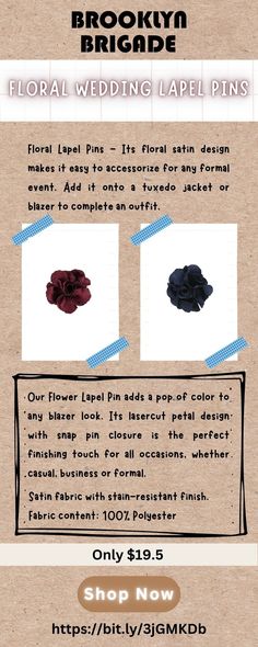 Shop high-quality Wedding Lapel Pins made of Satin fabric with a stain-resistant finish. We have a wide variety of colors available in these pins. See this infographic here and buy a pin for yourself to match the bridesmaid's dress. Go to the website here - https://bit.ly/3GsIZtX floral wedding lapel pins, wedding lapel pins, lapel pin for suit, wedding mens lapel pins, Brooklyn Brigade Lapel Pins Mens, Tuxedo Jacket, Lapel Pin, Wedding Shop, Lapel Pins