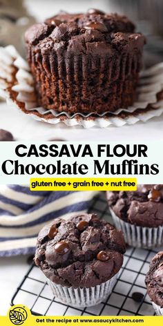 chocolate muffins on a cooling rack with text overlay that reads cassavaa flour chocolate muffins