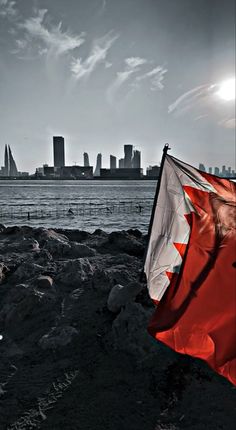 a canadian flag on the beach with a city skyline in the background