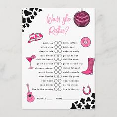 a pink and black question card with different items on it