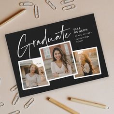 graduation announcement card with three photos and pencils on the table next to some crayons