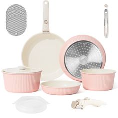 pink dishes and utensils are arranged on a white background