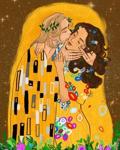 a painting of two people kissing in front of a yellow background with flowers and stars