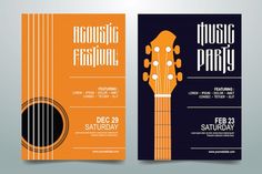 an orange and black acoustic party flyer with guitar strings on the front, and back