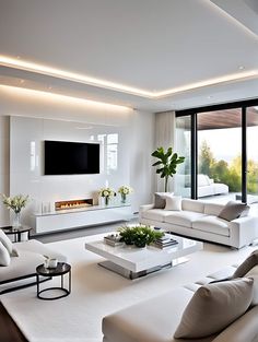 a living room with white furniture and large windows