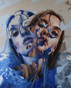 a painting of two women with blue paint on them