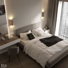 a bed with white sheets and pillows next to a desk in front of a window