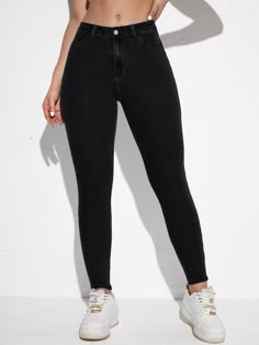 Black  Collar  Denim Plain Skinny Embellished Medium Stretch  Women Denim School Jeans, Black Jeans Women, Black Skinnies