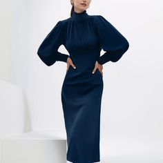 Olivia Mark - Elegant Stand Collar Blue High Waist Satin Evening Dress with Fishtail Hem Satin Evening Dress, Satin Evening Dresses, Wrap Around Skirt, Blue Outfit, Types Of Skirts, Collar Dress, Olivia Mark, Types Of Collars, Stand Collar