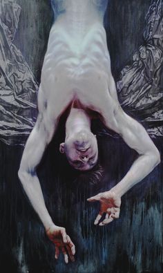 a painting of a man laying on his back with hands in the air above him