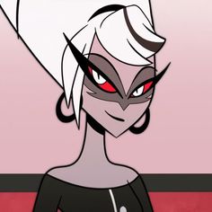 an animated image of a woman with red eyes and white hair, wearing a black top