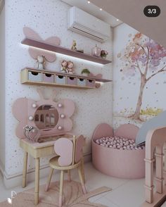 a child's room decorated in pink and white