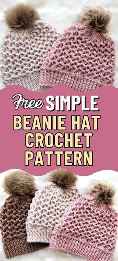 two knitted hats with pom poms and text that reads free simple beanie hat crochet pattern