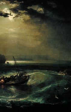 a painting of a boat in rough seas