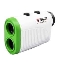 a green and white golf rangefinder with the word pom on it's side