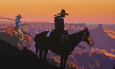 two people riding horses in the desert at sunset with mountains and canyons behind them