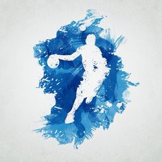 a blue and white painting of a basketball player