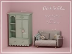 a pink and green cabinet next to a gray couch in a room with pink walls