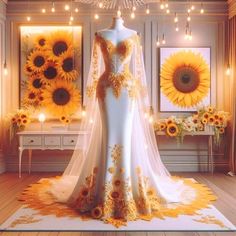 a white and gold wedding gown with sunflowers on display in front of it