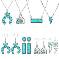 PRICES MAY VARY. Enough Quantity: you will receive 4 pieces of turquoise necklaces in different styles, and 4 pairs of turquoise earrings for women in matching styles with the necklaces; Sufficient quantity can meet daily wearing and replacement needs, a beautiful combination to dress up Adjustable Size: turquoise necklace is about 16 inches in length, with 2 inch extender chain, suitable for most women, you can easily adjust the length of the necklace to match your dressing styles, bringing a c Rodeo Jewelry, Turquoise Necklaces, Cow Tag, Cowgirl Accessories, Western Necklaces, Horseshoe Necklace, Cowgirl Jewelry, Western Earrings, Cowgirl Cowboy