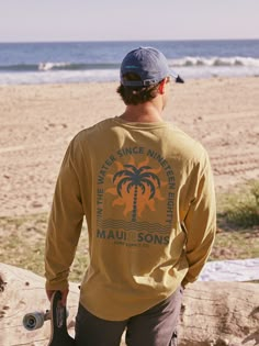 Long sleeve crew neck tee with graphic on front and back 100% Cotton Model is 6' and is wearing size L Graphic Long Sleeve, Mens Graphic Tee Outfit, Maui And Sons, Surf Tee, Activewear Brands, Tie Dye Shorts, Tee Outfit, Clothing Co, Crew Neck Tee