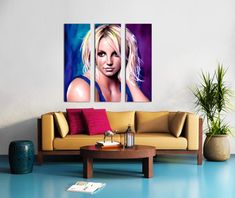 a woman with blonde hair and blue eyes split canvas print on wall in living room