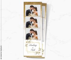 wedding photo collager with gold foil and white flowers on the front, two photos in