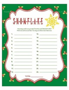 a printable snowflake game is shown in red and green with holly branches