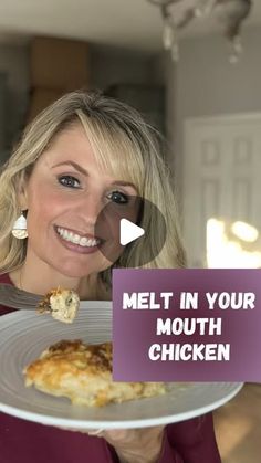 a woman holding a plate with food on it and the words melt in your mouth