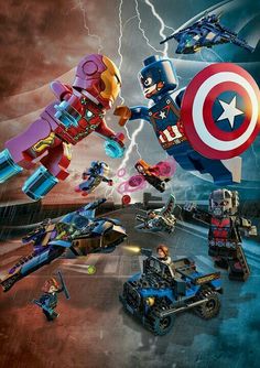 the lego avengers movie poster with captain america, iron man, and spider - man