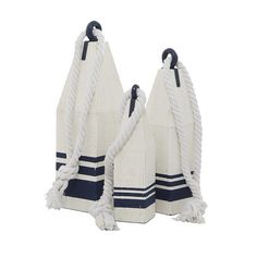 three white and blue striped towels with black handles on each side, set against a white background