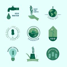 the logos for eco friendly water and earth day are shown in different colors, shapes, and sizes