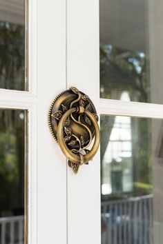 Welcome guests with a timeless flourish. This custom-designed door knocker is made in New York using lost wax casting and forged in solid brass, making for a long-enduring, architecturally informed accent. Available in an antique brass finish, the knocker features a sturdy loop and winding vine details, inspired by the strokes of our logo. Delivery within 2-3 weeks. Fox Door Knocker, Door Knockers Unique, Jute Doormat, Vine Ring, Front Door Handles, Door Knocker, Wax Casting, Lost Wax Casting, Door Knockers