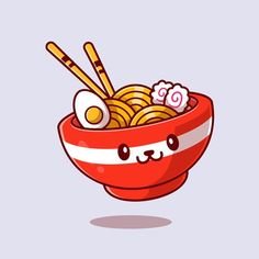 a bowl filled with noodles and chopsticks in it's mouth, with an emoticive face drawn on the side