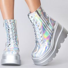 Lasr Exclusive Radio Chromatica Silver Platform Boots - 3" Platform, 2” Platform - Vegan Leather Upper - Holographic Silver Detail Contrast - Easy Slip-On And Lace Upfront - Cape Robbin Logo - Fully Lined Microfiber Inner - Padded Insole For Comfort - Rubber Sole With Major Traction Platform Sole - Metal Zipper Closure - Silver Hologram Rainbow Platform Shoes, Hologram Outfit, Holo Shoes, Neon Apartment, Holographic Outfit, Slay Shoes, Metallic Clothes, Rainbow Boots, Holographic Boots