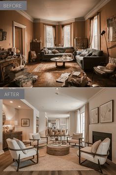 before and after shots of a living room with wood flooring, couches, coffee table